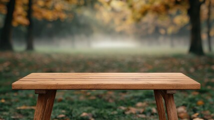 Naklejka premium Wooden Table in Foggy Autumn Park Product Display Mockup