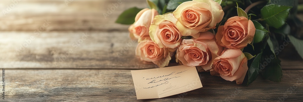Poster a charming bouquet of soft pink roses sits on a rustic wooden table, accompanied by a handwritten no