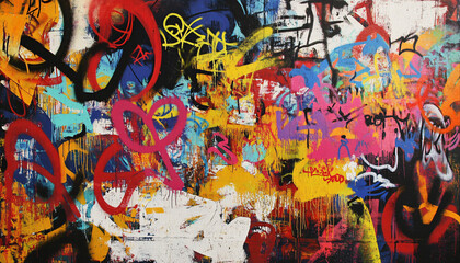 Fototapeta premium A wall filled with bold, colorful graffiti tags and street art, giving an edgy, urban feel full of energy