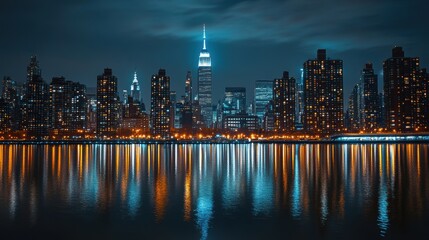 Fototapeta premium Night city skyline with reflections, vibrant lights, and skyscrapers along the water.