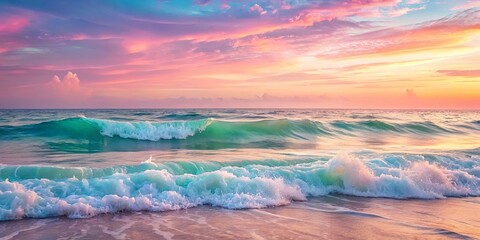 Obraz premium Waves crashing on the sandy shore as the sun sets, painting the sky with hues of pink and orange.
