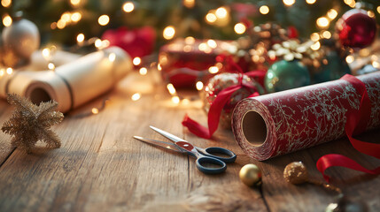 Christmas gift-wrapping station with festive decor