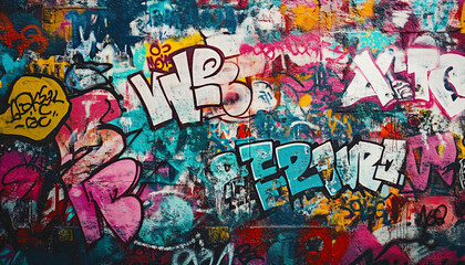 Obraz premium A wall filled with bold, colorful graffiti tags and street art, giving an edgy, urban feel full of energy