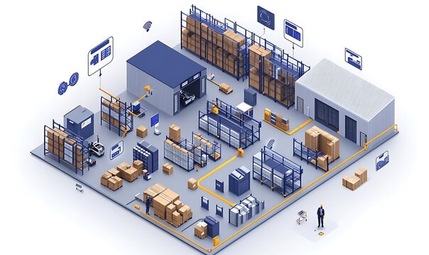  an isometric illustration of a smart warehouse management system emphasizing inventory control. with IoT device design 