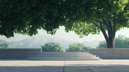 Scenic view of a park with lush trees and mountains in the background.