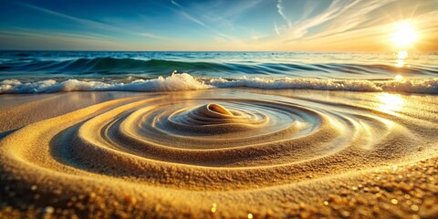 A golden sunset casts a warm glow on the beach, creating a mesmerizing spiral pattern in the sand, as a gentle wave recedes towards the ocean.