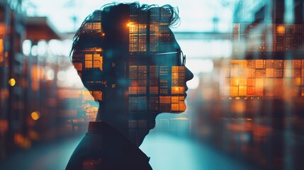 Silhouette of a person with overlay of city lights and warehouse structures.