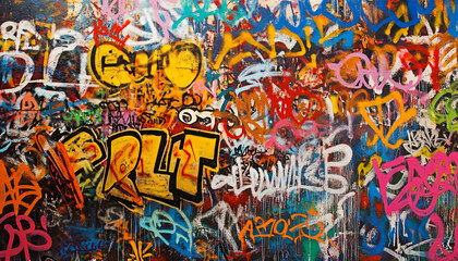 A wall filled with bold, colorful graffiti tags and street art, giving an edgy, urban feel full of energy