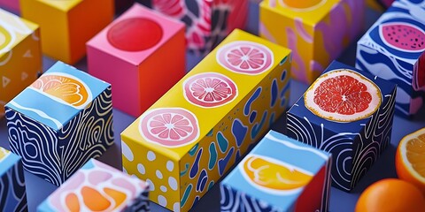 Colorful fruit-themed packaging displayed in a vibrant arrangement.