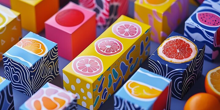 Naklejki Colorful fruit-themed packaging displayed in a vibrant arrangement.