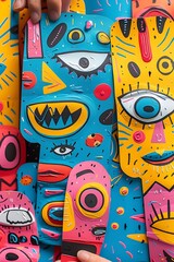 Obraz premium A vibrant collage of colorful, abstract faces and shapes on a blue background.