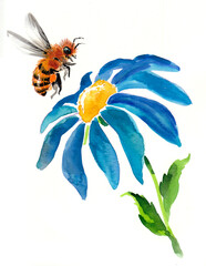 Blue flower and bee. Hand drawn watercolor sketch