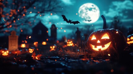 Obraz premium A Carved Jack-o'-Lantern Glowing in a Graveyard on Halloween Night