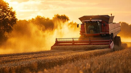 Obraz premium A combine harvester unloading grain into a trailer, with dust rising in the golden evening light