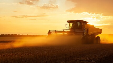 A combine harvester unloading grain into a trailer, with dust rising in the golden evening light