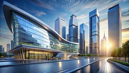 Fototapeta premium A modern cityscape with sleek, glassy skyscrapers reflecting the golden hour sunlight on a paved walkway leading towards a futuristic building