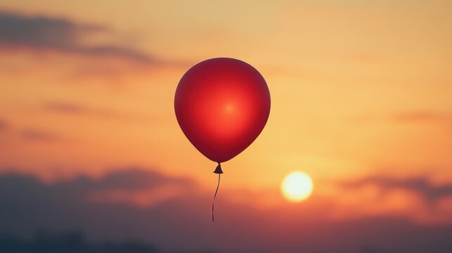 A red balloon floating against a beautiful sunset background.