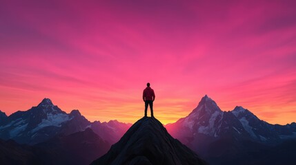 Obraz premium Man Standing on Mountain Peak at Sunrise with Colorful Sky