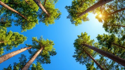 Fototapeta premium Tall Trees Canopy Sunlight Blue Sky Forest Nature Background
