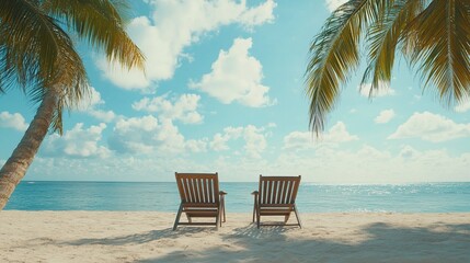 Two beach chairs facing a tranquil ocean view.