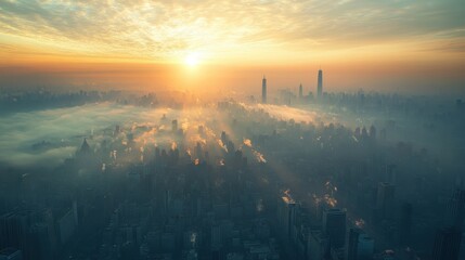 Aerial view of a city skyline at sunrise with dense fog and sunlight rays piercing through.