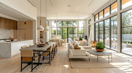 Modern open-concept living space with large windows and stylish furnishings.