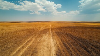 Obraz premium Aerial view of vast farmland with a dirt road under a blue sky.