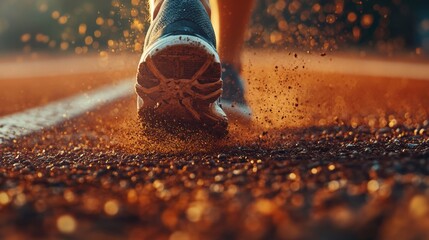 Athlete running on track, dynamic motion, dust flying, close-up shot.