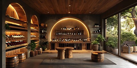 A cozy wine cellar with wooden shelves, bottles, and a serene atmosphere.
