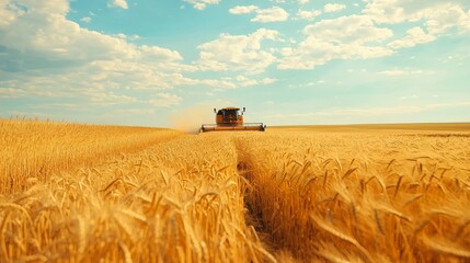 Fototapeta premium A combine harvester working through a large field of golden wheat during harvest season
