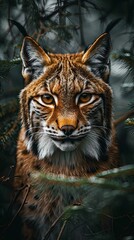 Naklejka premium Lynx hiding in forest, piercing stare