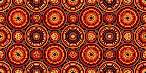A vibrant geometric pattern featuring concentric circles in shades of red, orange, and black against a dark background.