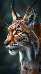 Obraz premium A close-up of a lynx peeking through dense forest foliage, its piercing eyes focused intently, blending with the natural surroundings.