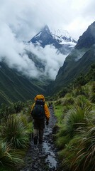 Solo hiker trekking through misty mountain valley