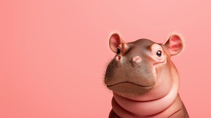 Fototapeta premium A hippo gazes curiously against a soft pink background, highlighting its unique features and playful expression.