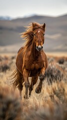 Obraz premium Wild horse running through dry grassland in wilderness