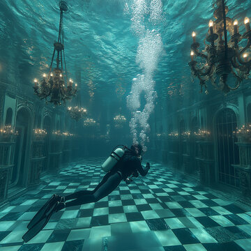 Divers dive into a giant concrete swimming pool, exploring an underwater architectural world of glass mansions.
