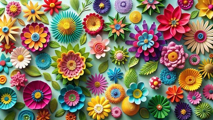 A vibrant tapestry of colorful paper flowers blooming on a soft blue background, capturing the essence of spring and the beauty of nature's artistry