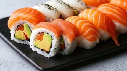 Delicious Salmon Sushi Rolls on Black Plate   Japanese Cuisine  Asian Food  Seafood  Healt