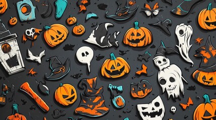 Naklejka premium Colorful Halloween Pattern with Pumpkins, Witches Hats, and Ghosts