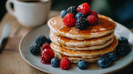 A cozy breakfast scene with a stack of fluffy pancakes topped with fresh berries and drizzled with maple syrup, served with a cup of coffee