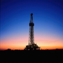 Obraz premium Oil Rig Silhouette Against a Vibrant Sunset Sky