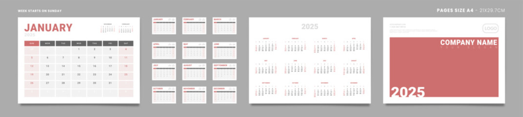 Set of 2025 Pages Monthly Calendar Planner Templates, Cover with Place for Photo, Company Logo, annual. Design of Vector Calendar Pages size Letter -8.5x11 in ready on print. Week start on Sunday