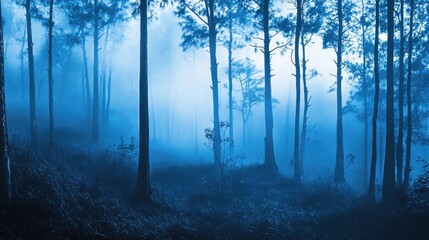 A Misty Forest at Dusk, with Tall, Silhouetted Trees