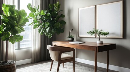 Inspiring Home Office with Walnut Desk and Green Plant for a Productive Workspace