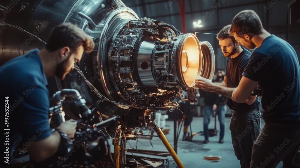 Poster skilled technicians inspect the interior of a jet engine in a well-lit workshop. tools and equipment