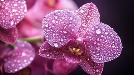Obraz premium Orchid Petals Adorned with Dew, delicate and intricate floral patterns glisten with moisture, showcasing the beauty of nature's artistry in vibrant colors and textures.
