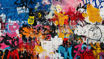 Fototapeta premium A wall filled with bold, colorful graffiti tags and street art, giving an edgy, urban feel full of energy
