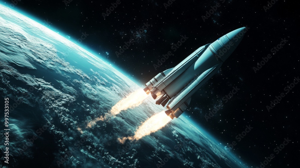 Fototapete A large, white spacecraft with two large engines is in the process of launching into space. The spacecraft is leaving the atmosphere of Earth, which is a blue and green sphere in the background