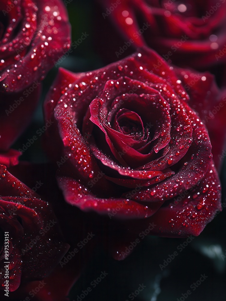Poster the close-up showcases beautiful deep red roses, each illuminated by glistening water droplets, addi